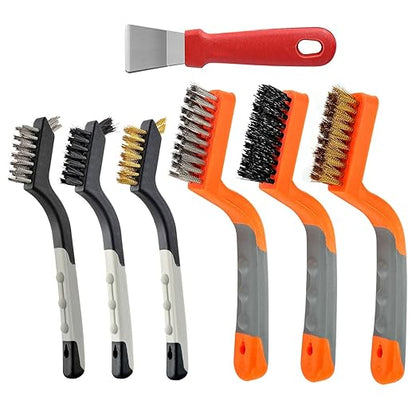 MAXMAN Wire Brush Set 6PCS, Nylon/Brass/Stainless Steel Bristles Brush, Small Cleaning Brush, Metal Scrub Brush, Wire Scratch Brush with Metal Scraper, Wire Brushes for Cleaning, Rust, Paint, 7 Inches