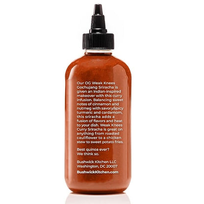 Weak Knees Curry Sriracha Hot Sauce, Infused with Aromatic Curry Spices, Bold Korean Gochujang Paste & Classic Sriracha, Made in the USA, 10.5oz Squeeze Bottle