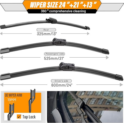 AUTOBOO 24"+21" Windshield Wipers with 13" Rear Wiper Blade Replacement for Volkswagen VW Tiguan 2017 2016 2015 2014 2013 2012 2011 2010 2009 2008 2007-Original Factory Quality (Pack of 3)
