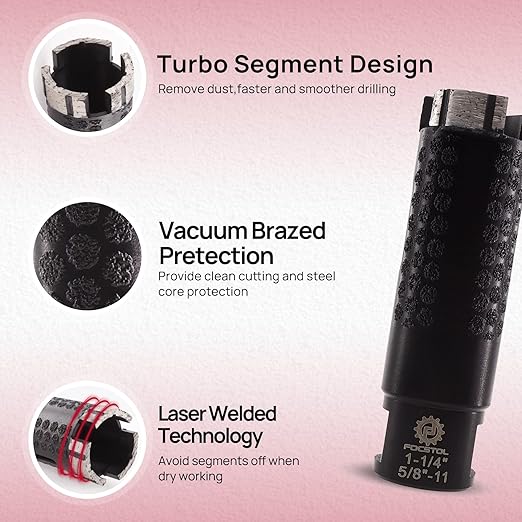 Diamond Core Drill Bit - FOCSTOL 1-1/4''(32mm) Laser Welded Hole Saw for Dry or Wet Drilling Granite Marble Concrete Quartz 5/8''-11 Thread