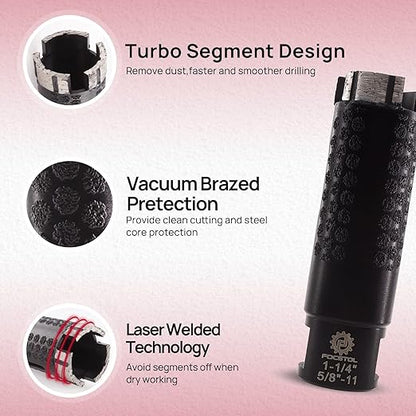 Diamond Core Drill Bit - FOCSTOL 1-1/4''(32mm) Laser Welded Hole Saw for Dry or Wet Drilling Granite Marble Concrete Quartz 5/8''-11 Thread