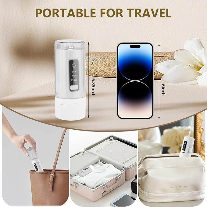 Rechargeable Cordless Water Flosser - 220ML Tank Portable Water Pick with IPX7 Waterproof & USB Rechargeable,3 Pressure Modes, 4 Nozzles for Travel 2-3H Fast Charge & 20-30 Days Long Battery Life