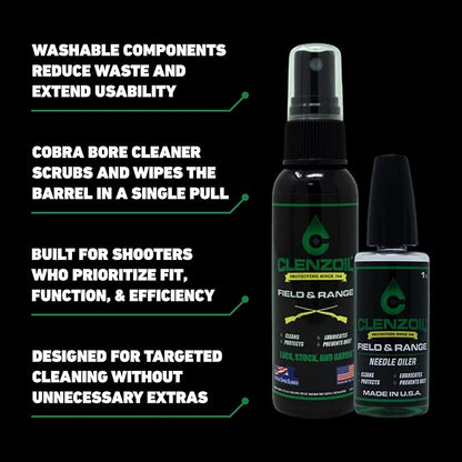 CLENZOIL Field & Range Pistol & Rifle Essentials Gun Cleaning Kit | CLP Spray & Oiler with Bore Cleaner | Clean, Lubricate & Protect | Nylon Brush, Bore Swabs & Microfiber
