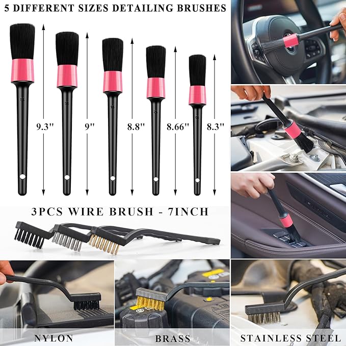 AUTODECO 41Pcs Car Cleaning Wash Kit Interior Detailing Cleaner Kit with High Power Handheld Vacuum, Collapsible Bucket, Windshield Tool, Snow Shovel, Tire Brush, Complete Car Care Tools, Pink