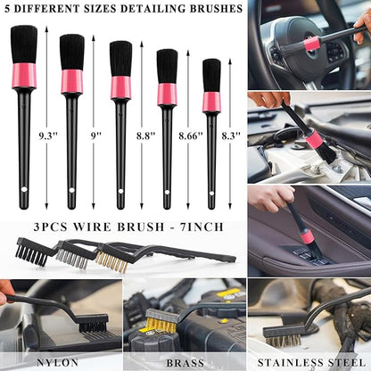 AUTODECO 41Pcs Car Cleaning Wash Kit Interior Detailing Cleaner Kit with High Power Handheld Vacuum, Collapsible Bucket, Windshield Tool, Snow Shovel, Tire Brush, Complete Car Care Tools, Pink