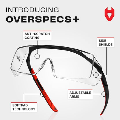 NoCry Safety Glasses That Fit Over Your Prescription Eyewear. Clear Anti-Scratch Wraparound Lenses, UV400 Protection, ANSI Z87 & OSHA Certified. Use in the Lab, Travelling, Black & Red (10-pack)