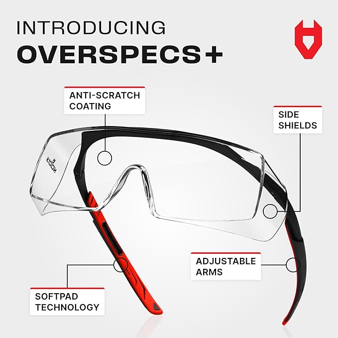 NoCry Safety Glasses Over Eyeglasses for Men and Women with Anti Scratch Lenses and Integrated Side Shields — Adjustable Temples with Anti-Slip Tips — 100% UV Protective Eyewear — ANSI Z87 Certified