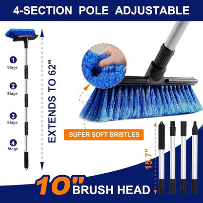 62" Car Wash Brush Mop with Long Handle, 10" Soft Bristle Scrub Scratch-Free Car Cleaning Brush Supplies Broom Kit for RV Boat Truck SUV, House Siding, Snow, Floors, Extension Aluminum Alloy