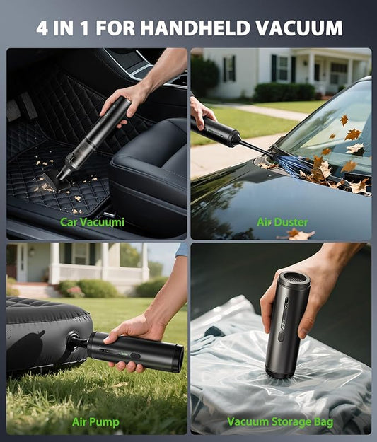 Car Vacuum Portable Cordless Handheld Vacuum Cleaner 4-in-1 Mini Cordless Vacuum with 2 Suction Modes and 16800pa Suction Power Blowing & Inflating 2 Modes Handheld Vacuum for Car, Desk, Keyboards
