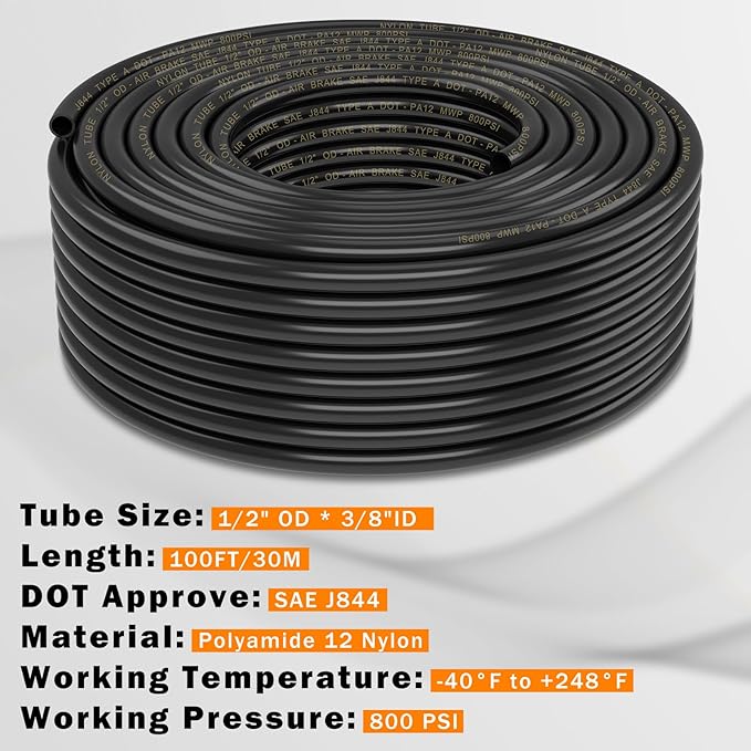 CheeMuii 100 FT 1/2 Pneumatic Tubing 1/2" PA12 Nylon DOT Air Line SAE J844 DOT Air Hose 30.5 Meter 1/2 Inch OD Pneumatic Air Tubing Pipe Hose Line