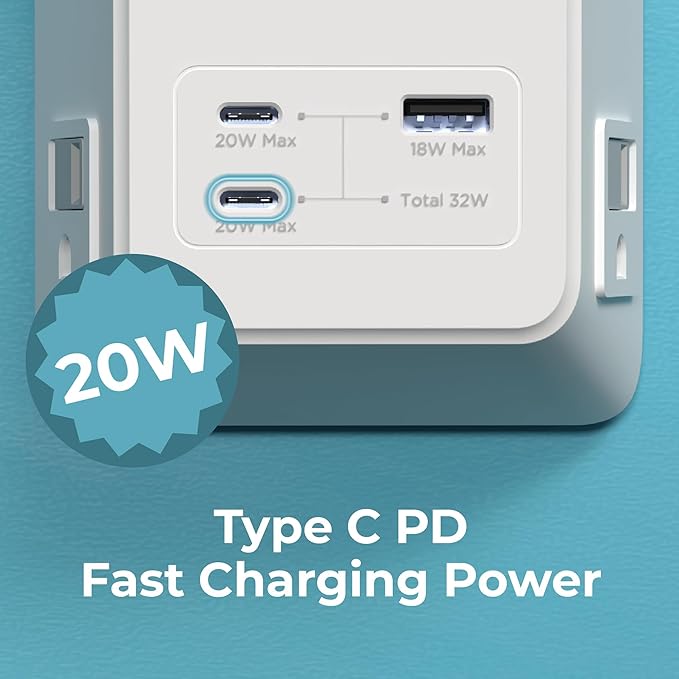 BLACK+DECKER PD USB Wall Charger Surge Protector, 5 Outlet Extender w/ 2 USB C PD & 1 USBA Charging Ports, Fast Charge 3 Sided Power Strip Multi Plug Outlets Wall Adapter for Home Office, ETL Listed