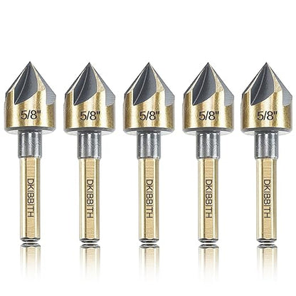 Countersink Drill Bit Set, 5 Pieces High Speed Steel 82 Degree 5 Flute 6mm Round Shank Mill Cutter Bit Countersink in Sizes 5/8" Set with Carrying Case.