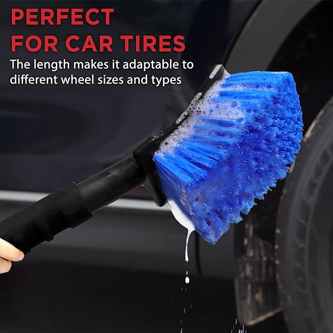 TAKAVU 17.5" Long Handle Wheel Tire Body Brush - Gentle Car Wash Brush for Safe Tire Sidewall & Wheel Cleaning - Scratch-Free Automotive Tool (Blue - Stiff Bristle)