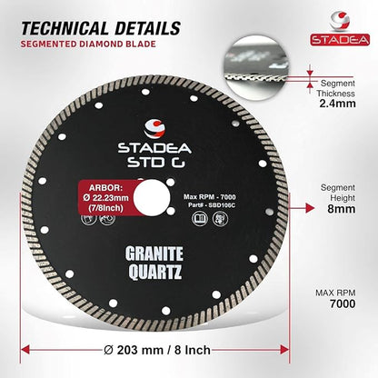 Stadea SBD116C Diamond Saw Blade 8-Inch Continuous Turbo Dry Cutting - Cuts Granite Quartz Quartzite, Fits Grinder, Saw Cutter, 8 MM Segments - Pack of 5