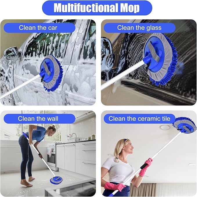 62" Car Wash Brush with Long Handle and Car Wash Brush Microfiber Car Cleaning Brush Kit for Car RV Truck Cleaning 1 Chenille Scratch-Free Replacement Head with Aluminum Alloy Pole (Blue)