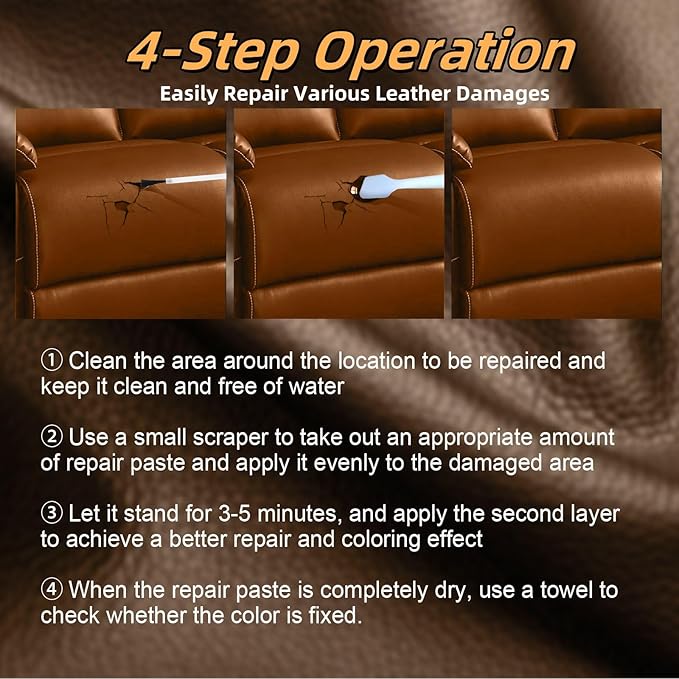 Jughozu Leather Repair Kit for Furniture, Sofa, Jacket, Car Seats & Purse, Vinyl Repair Kit with Easy Instructions. Fix Tears, Scratches, Holes & Peeling on Genuine, Faux, Bonded.(Brown)