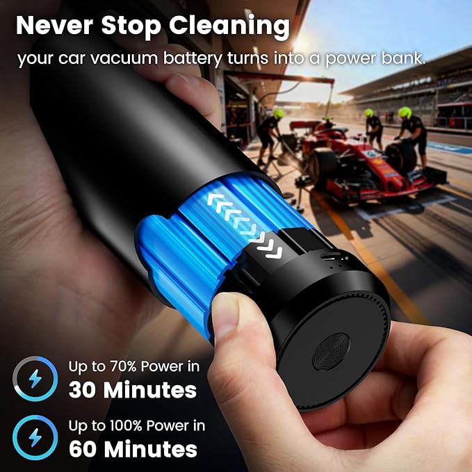 Tkkich Cordless Car Vacuum Cleaner with Removable Battery as 35W Power Bank, 6-in-1 Handheld Vacuum Blower Set,18000PA Mini Vacuum Cleaner 6000mAH with Brushless Motor for Car Home Pet Cleaning