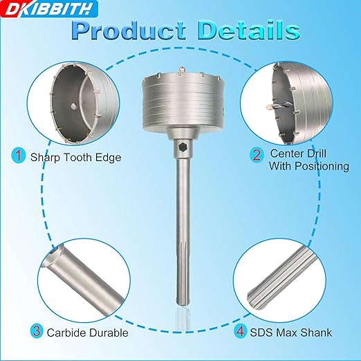 7-3/32" Concrete Hole Saw, 180mm Tungsten Steel Core Bit for Cinder Block, Brick, Rock, Plank Walls for Pipes or mini Split Lines, with SDS Max Shank and 2 Center Positioning Drill Bits.