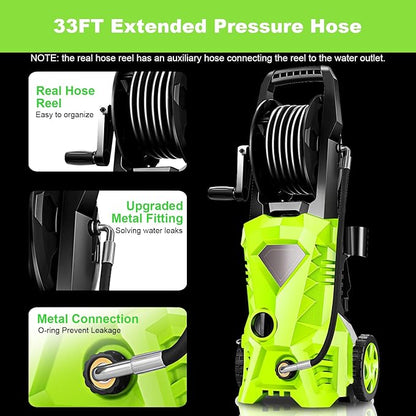 Pressure Cleaner High Power Cleaner with 4 Pressure Nozzle and Foam Cannon, powerCleaners for Home, Car Washing, Fence Cleaning, Patio, Green