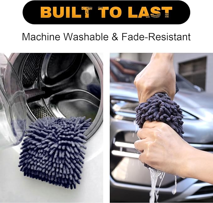 Premium Car Wash Mitts (2-Pack), Scratch-Free 2-in-1 Dual-Side Chenille Microfiber Gloves for Auto Detailing, Safe on Paint, Glass, Chrome – for Cars, Trucks, SUVs, RV & Motorcycle (Grey)