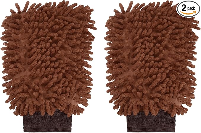 HARFINGTON 2pcs Chenille Microfiber Car Wash Mitts 9.8" x 7.9" Scratch Free Wash Gloves Absorbent Double Sided Plush Cleaning Drying Mitts for Car Washing Home Brown