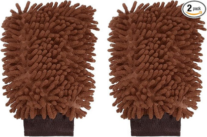 HARFINGTON 2pcs Chenille Microfiber Car Wash Mitts 9.8" x 7.9" Scratch Free Wash Gloves Absorbent Double Sided Plush Cleaning Drying Mitts for Car Washing Home Brown