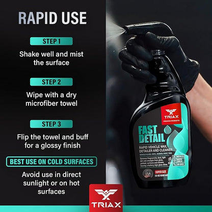TRIAX Fast Detail Rapid Car Wax and Cleaner, High Gloss Vehicle Detailer for Paint, Glass, Chrome, Rubber, Vinyl, Rims, Plastic Trim, and Bumpers (23 Ounce)
