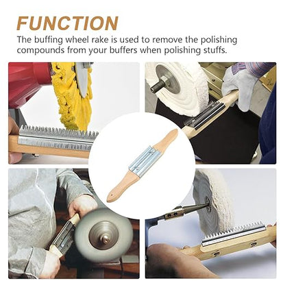 TIANMEIYI Buffing Wheel Rake - Polishing Compound Rake with Wooden Handle, Buffing Wheel Cleaner for Removing Compound, Silver 1 Pack