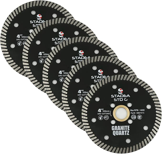 Stadea SBD111C Diamond Saw Blade 4-Inch Continuous Turbo Dry Cutting - Cuts Granite Quartz Quartzite, Fits Grinder, Saw Cutter, 8 MM Segments - Pack of 5