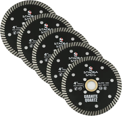 Stadea SBD111C Diamond Saw Blade 4-Inch Continuous Turbo Dry Cutting - Cuts Granite Quartz Quartzite, Fits Grinder, Saw Cutter, 8 MM Segments - Pack of 5