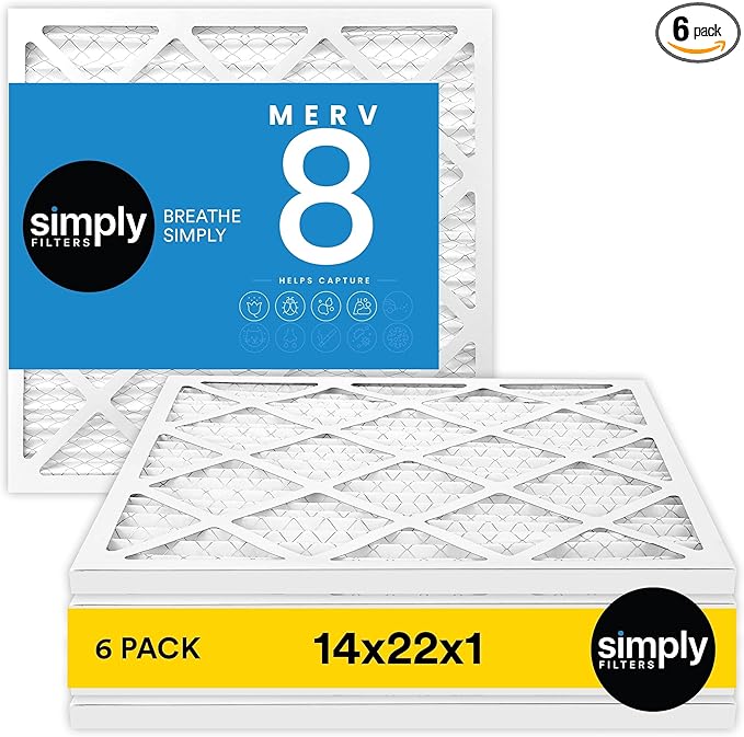 Simply 14x22x1 Air Filter, Merv 8, 6 Pack, For Home AC Furnace & HVAC (Actual Size: 13.75"x21.75"x0.75") DUST, Pet, & Allergy Control