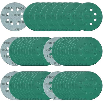 5 Inch 8 Hole Sanding Discs, 50 Pcs Wer Dry Sandpaper 1000 Grit Hook and Loop Green Polyester Film Backed Sanding Disc for Random Orbital Sander Wood Car Metal Plastic (1000 Grit, 50 Pack)