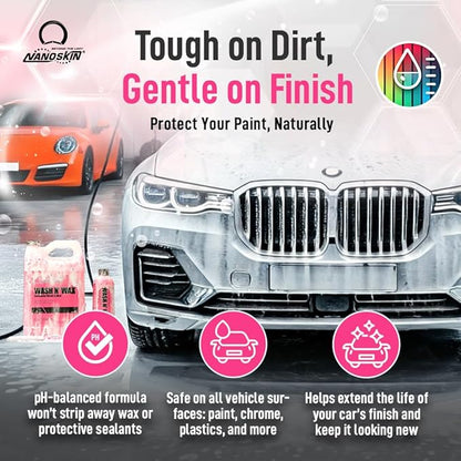 Nanoskin WASH N' WAX with Carnauba 30 gallons - Cleans & Shines in One Step | Works with Foam Cannon, Foam Gun, Bucket Washes, Pressure Washer | Carnauba Wax Protection for Cars