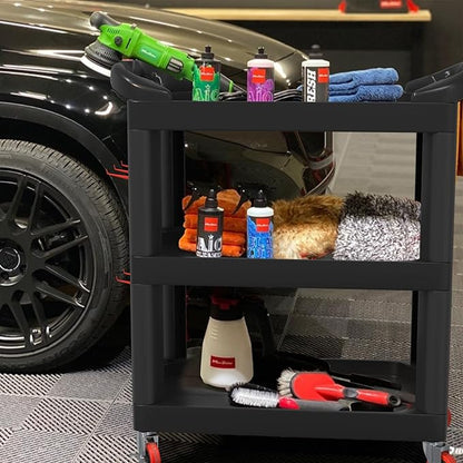 3 Tier Car Detailing Cart, Auto Detail Trolley with Wheels, Side Hanging Plate & Hooks, Detailing Tool Organizer for Mechanics & Detailers (Black)
