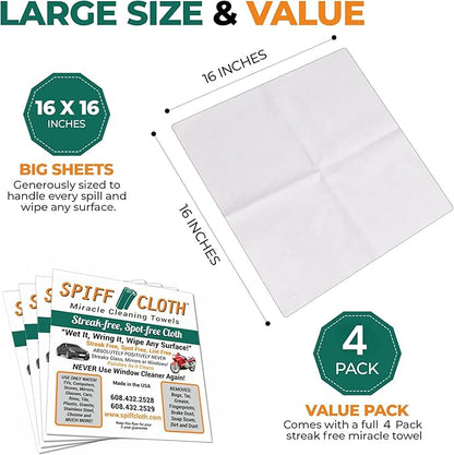4-Count, Miracle Cleaning Towels, Streak-Free, Cleans with Just Water, 16" x 16" Reusable Washable Cloths