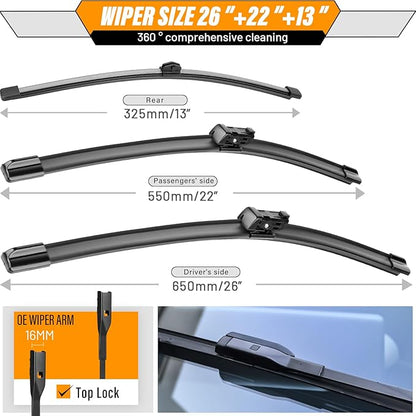 AUTOBOO 26"+22" Windshield Wipers Blades Replacement for Porsche Cayenne 2019-2025 with 13 Inch Rear Wiper Blade -Original Factory Quality (Pack of 3)