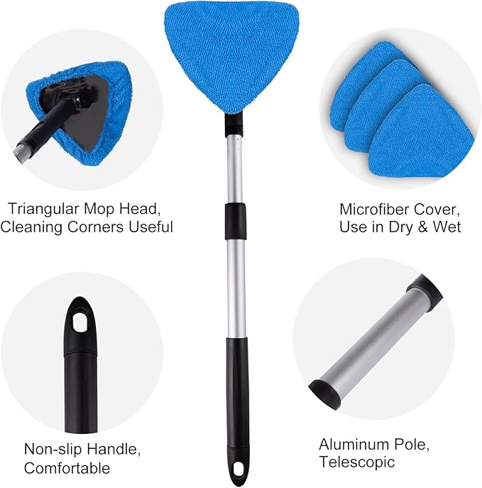 BITOPE All-in-One Car Windshield Cleaner Kit | Extendable Tool with 3 Reusable Microfiber Pads & Spray Bottle for Interior & Exterior Window Cleaning on Cars, SUVs, Trucks