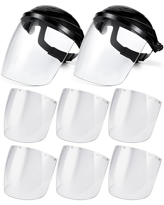 Tellegloww 8 Pcs Safety Face Shield for Grinding and Cutting, Clear Impact Resistant Visor, Full Face Shield Mask with Ratchet Headgear for Grinding, Isolation, Weed Whacking, Industrial Use (Black)
