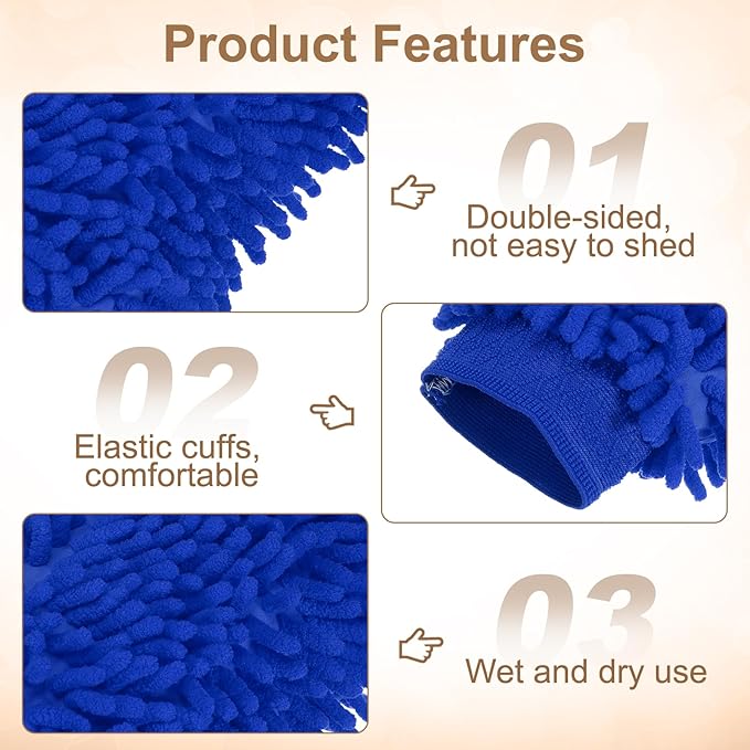 HARFINGTON Chenille Microfiber Car Wash Mitts 9.8" x 7.9" Scratch Free Wash Gloves Absorbent Double Sided Plush Cleaning Drying Mitts for Car Washing Home Blue