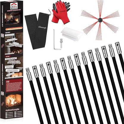 Cleancraft 46 Feet Chimney Sweep Kit, Chimney Cleaning Kit with 14 Flexible Black Chimney Rods, Chimney Brush, Rotary Chimney Cleaning System Driven by Drill for Sweeping Fireplace