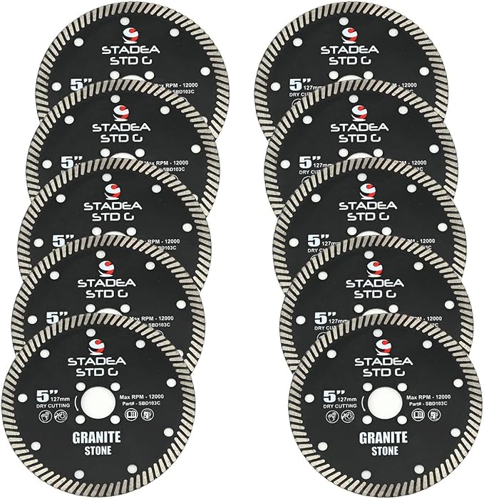 Stadea SBD123C Diamond Saw Blade 5-Inch Continuous Turbo Dry Cutting - Cuts Granite Quartz Quartzite, Fits Grinder, Saw Cutter, 8 MM Segments - Pack of 10