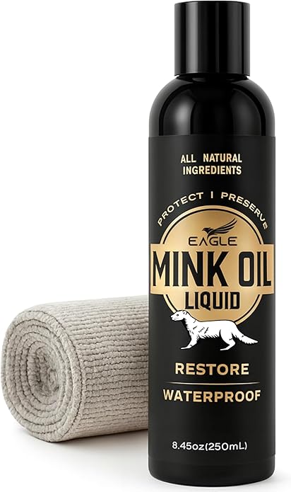 Eagle Mink Oil Liquid Leather Conditioner 8oz with Cloth – Softens, Waterproofs & Preserves Boots, Shoes, Bags, Jackets & Furniture – Natural Leather & Vinyl Conditioner for Long-Lasting Protection