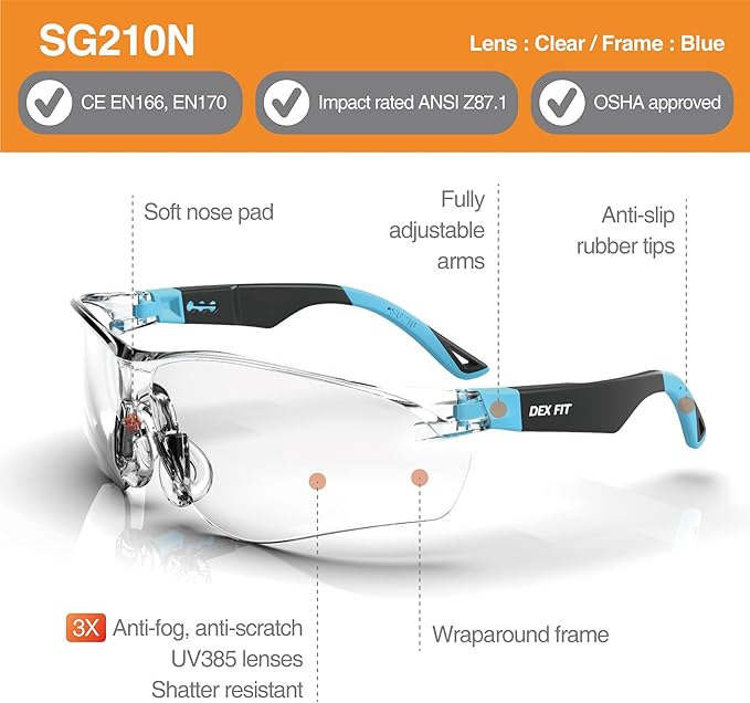 DEX FIT Safety Glasses SG210, Z87 Eye Protection, 3X Anti-Fog & Scratch Resistant, Adjustable for Women and Men, UV Protection (Black & Blue Frame, Clear Lens)