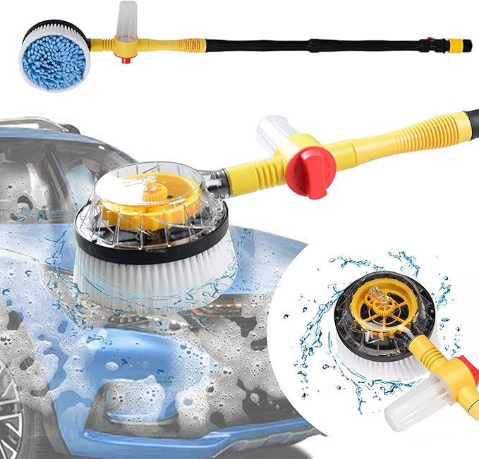 Rotating Car Wash Brush with Hose Attachment, Soft Chenille Microfiber Bristle Car Cleaning Brush Wash Mop Scrub Brush, Long Handle Car Washing Brush Kit with Soap Dispenser (Yellow)