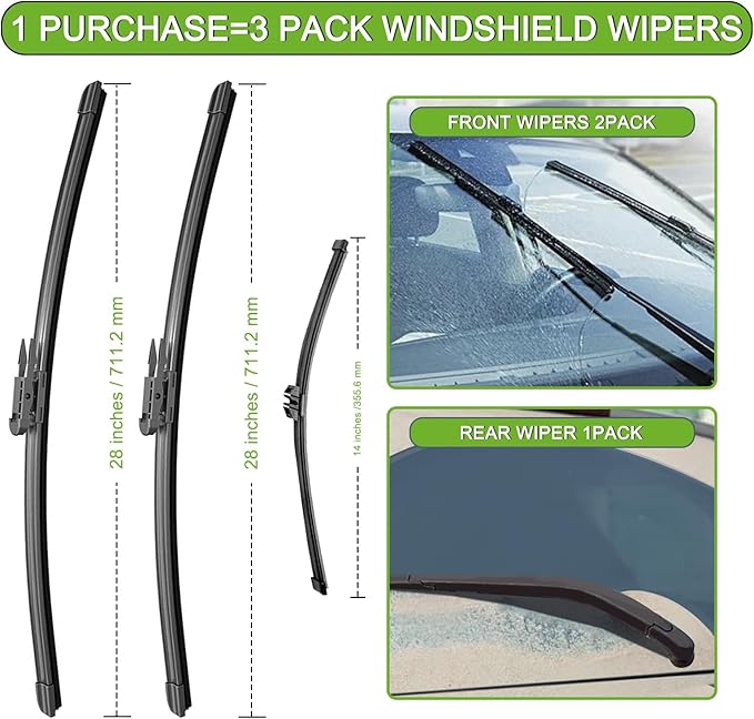PARRATI® Windshield Wipers for Ford Edge 2015-2023,28"+28" Front and 14" Rear,OEM Replacement Wiper Blades,Quiet & Streak-Free(Set of 3)