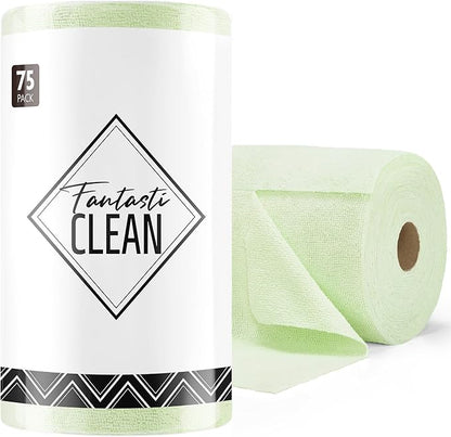Fantasticlean Microfiber Cleaning Cloth Roll -75 Pack, Tear Away Microfiber Towels, 12" x 12", Reusable, Washable, Scratch Free, Ultra Absorbent Dishcloth for All-Around Cleaning Supplies (Green)