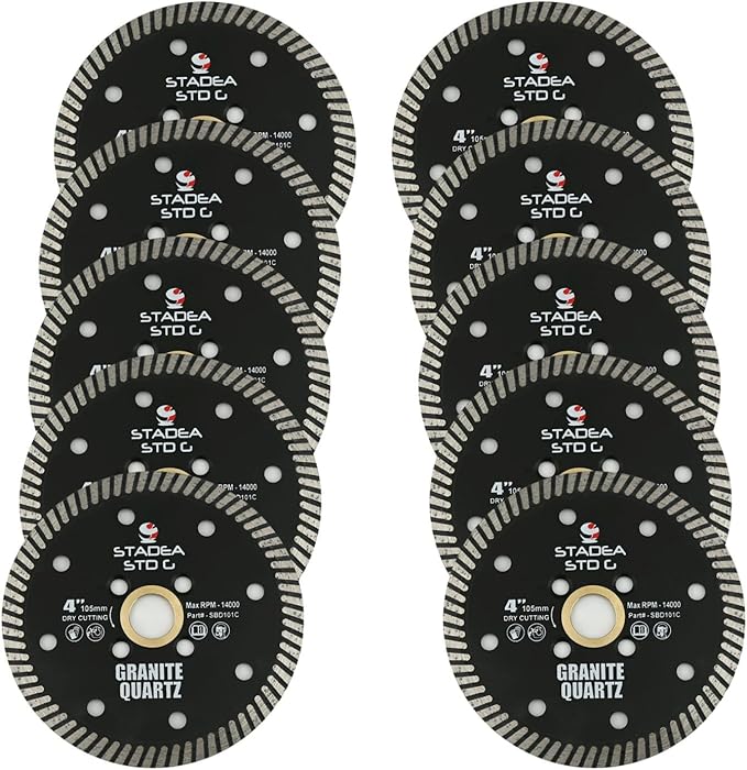 Stadea SBD121C Diamond Saw Blade 4-Inch Continuous Turbo Dry Cutting - Cuts Granite Quartz Quartzite, Fits Grinder, Saw Cutter, 8 MM Segments - Pack of 10