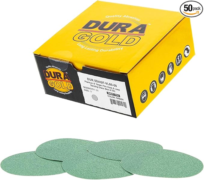 Dura-Gold Premium 5" Green Film Sanding Discs - 80 Grit (Box of 50) - Hook & Loop Backing Sandpaper Discs for DA Sanders, Finishing Coarse Cut Abrasive - Sand Automotive Car Paint, Woodworking Wood