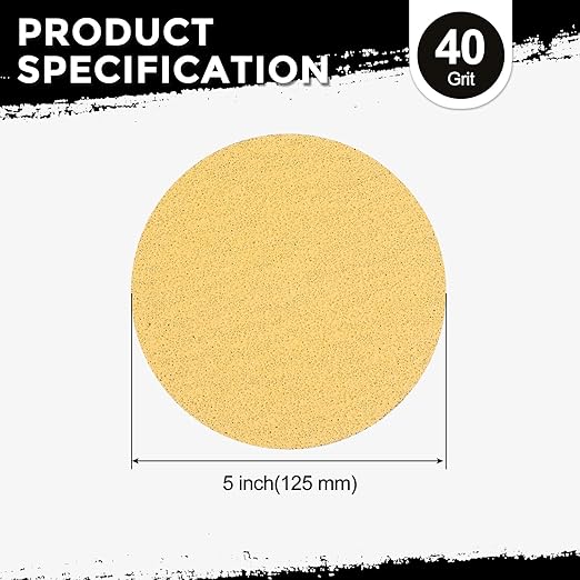 Kozelo 50 Pcs Sanding Discs 5 Inch 40 Grit Hook and Loop Random Orbital Sandpapers Suitable for Drywall Sander Wood Metal Furniture, Yellow