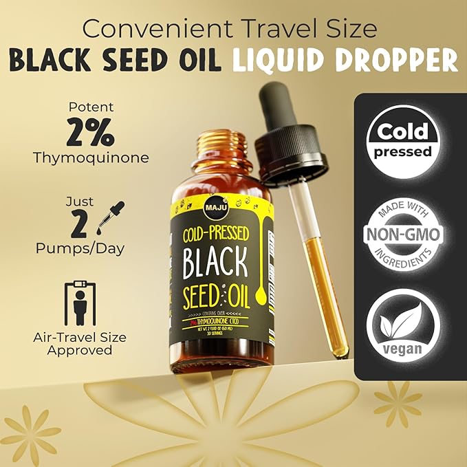 Maju Superfoods Black Seed Oil - 3 Times TQ, Cold-Pressed, Travel Size, 100% Turkish Black Cumin Seed Oil, Liquid Pure Blackseed, Glass Bottle, 2 Oz